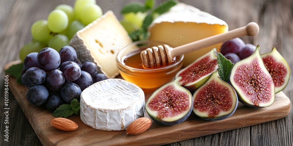 Rustic Gourmet Cheese Board with Honey, Grapes, and Figs for Fine Dining and Culinary Display Rustic Gourmet Cheese Board with Honey, Grapes, and Figs for Fine Dining and Culinary Display