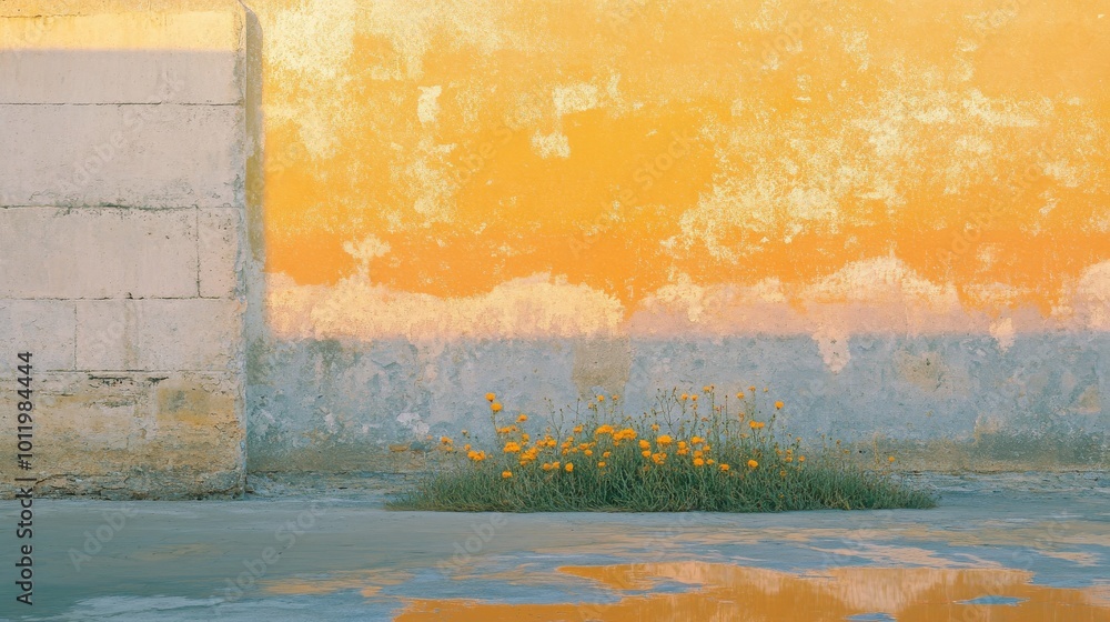 Naklejka premium Bright wildflowers flourish in golden light standing out against a textured backdrop