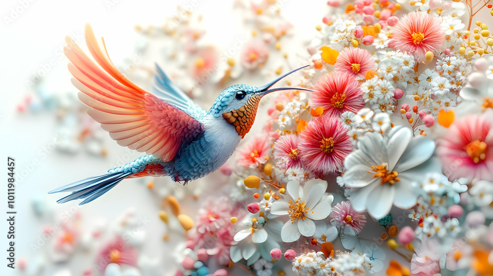 Hummingbird in Flight with Flowers Illustration Hummingbird in Flight with Flowers Illustration