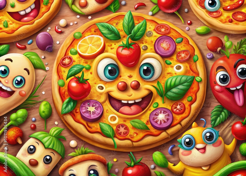 Colorful Cartoon Pizza Illustrations with Toppings and Fun Characters for Culinary and Food Projects Colorful Cartoon Pizza Illustrations with Toppings and Fun Characters for Culinary and Food Projects
