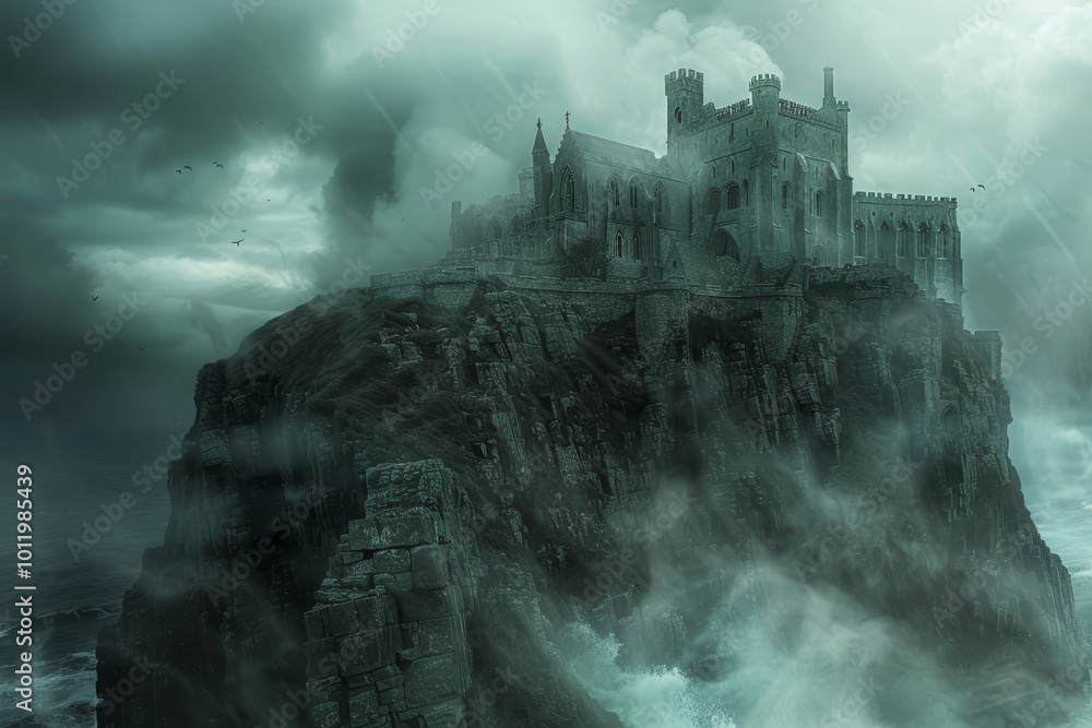 Fototapeta premium A castle is on a rocky cliff overlooking the ocean