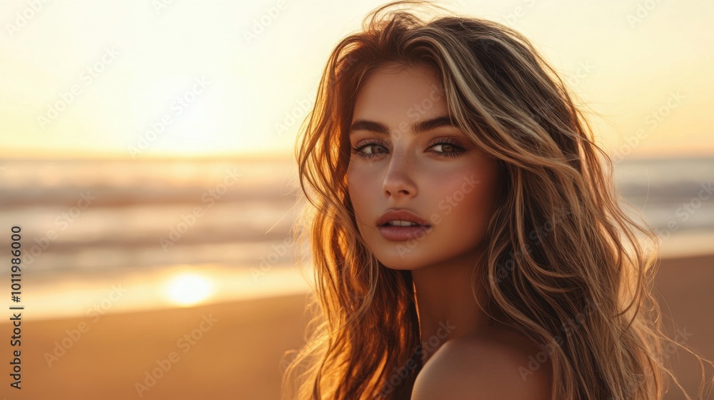 woman with long, soft beach waves, standing on the beach at sunset woman with long, soft beach waves, standing on the beach at sunset