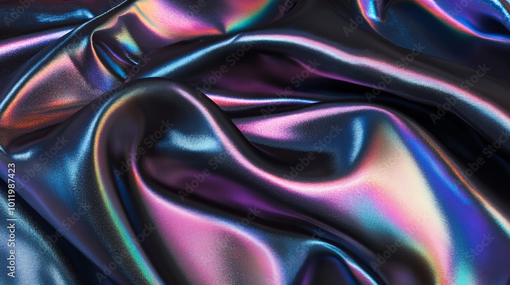 Fototapeta premium Shimmering like a celestial beacon, this lustrous black silk fabric captivates with its iridescent glow. Its taffeta-inspired body boasts a pristine surface that evokes a surreal, ethereal ambiance.