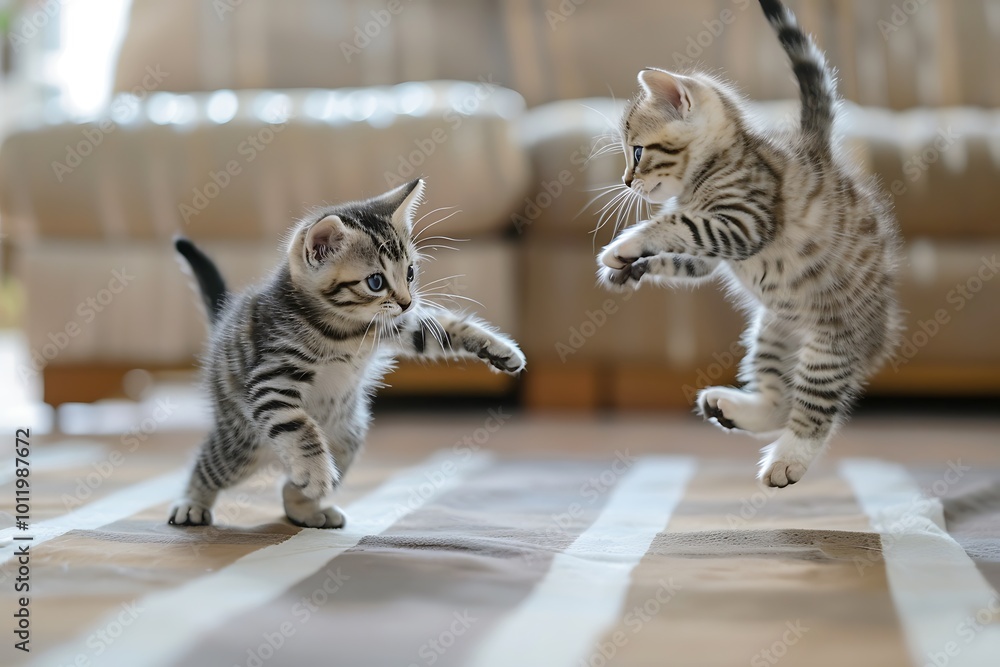 Naklejka premium A pair of playful American Shorthair kittens chasing each other around a cozy living room