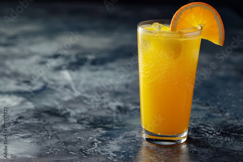 A glass of orange juice with a slice of orange on top