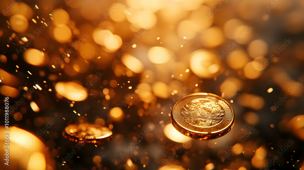 Golden Coin Falling with Bokeh Lights 3D Illustration Golden Coin Falling with Bokeh Lights 3D Illustration
