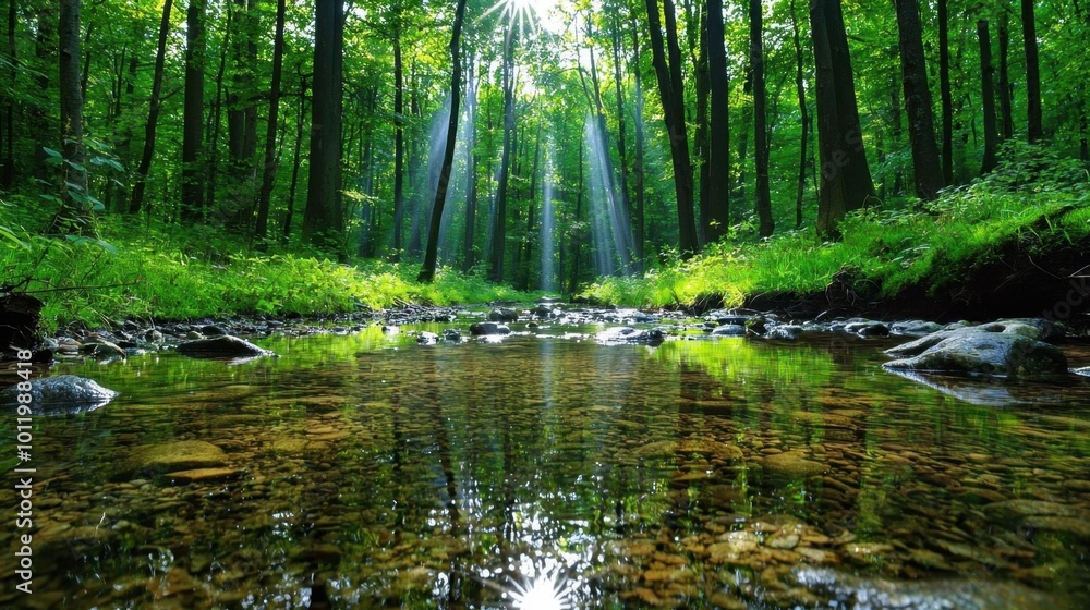 A photostock image of a quiet forest clearing with soft sunlight filtering through the leaves and a small stream nearby A photostock image of a quiet forest clearing with soft sunlight filtering through the leaves and a small stream nearby