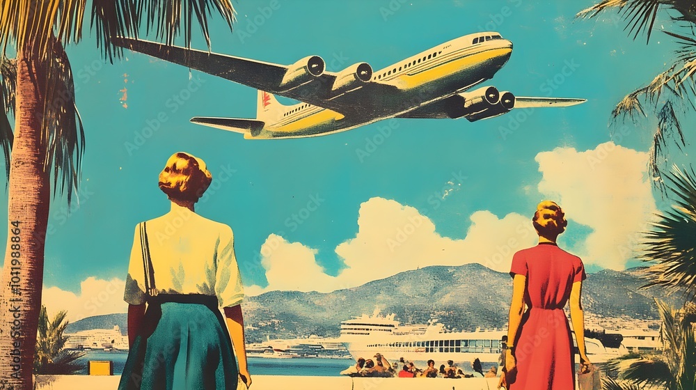 Obraz premium A nostalgic poster for a fictional travel destination in the 1950s
