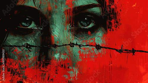 Abstract portrait with barbed wire symbolizing oppression and human rights violations
