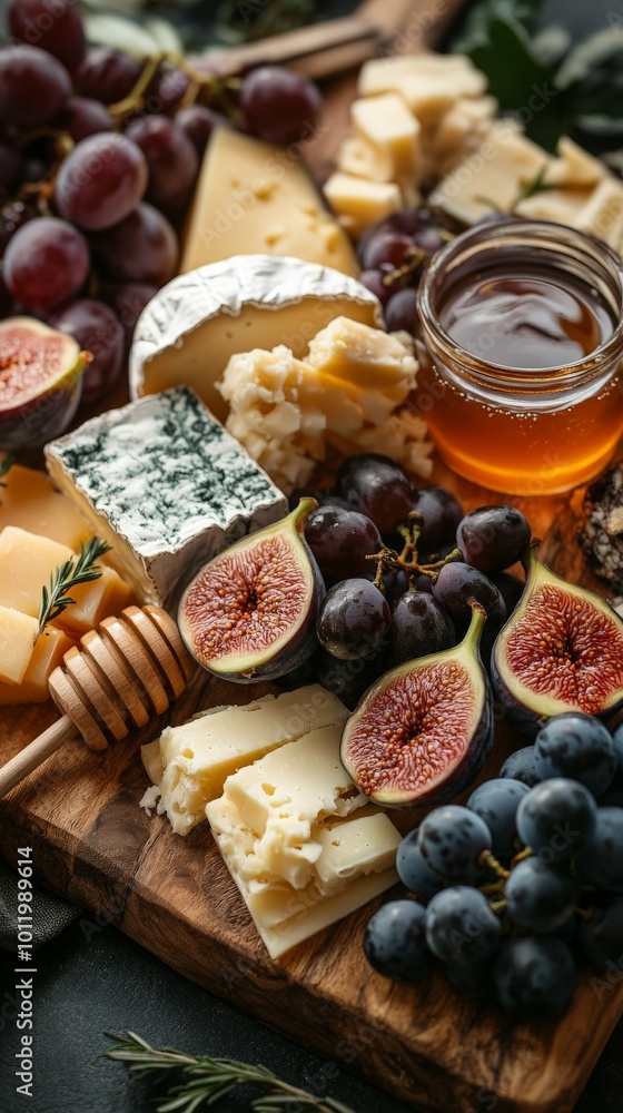 Rustic Gourmet Cheese Board with Honey, Grapes, and Figs for Fine Dining and Culinary Display Rustic Gourmet Cheese Board with Honey, Grapes, and Figs for Fine Dining and Culinary Display