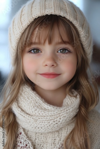 Smiling girl wearing a knitted hat and scarf in a cozy winter outfit.