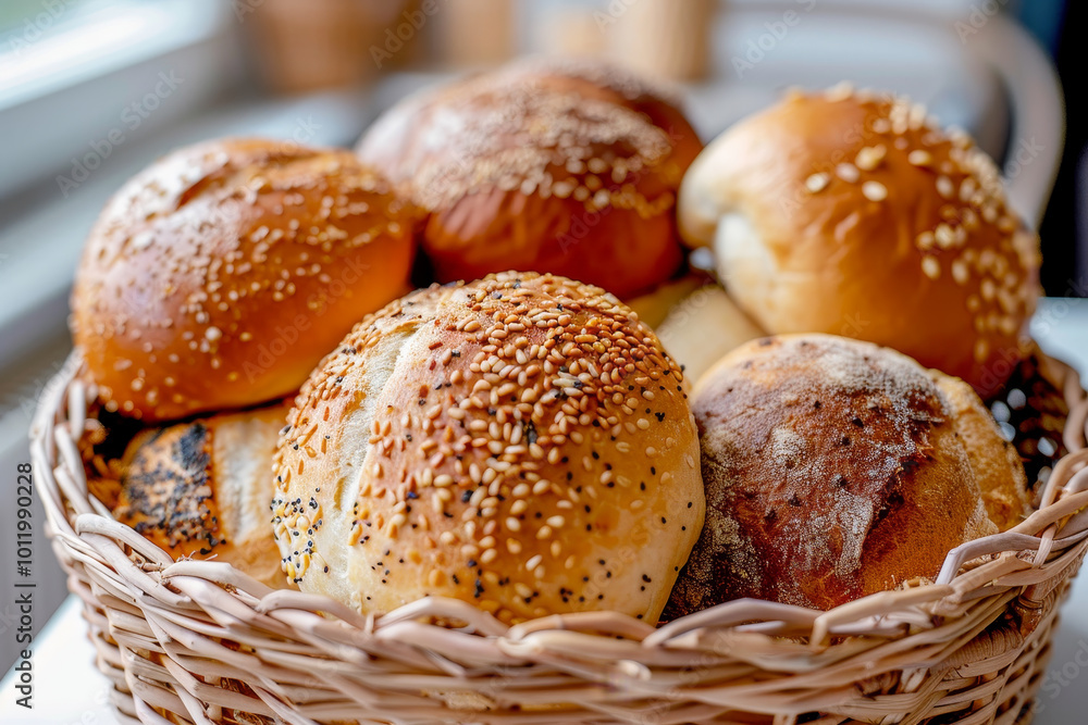 A basket of bread with sesame seeds on top A basket of bread with sesame seeds on top