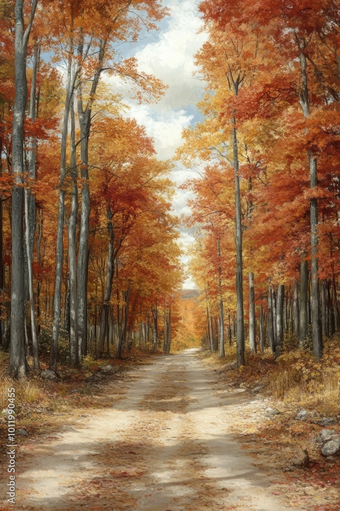 Fototapeta premium Autumn path through colorful trees with vibrant orange foliage.
