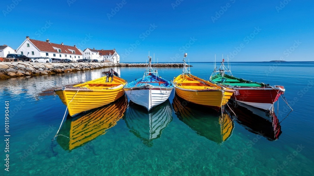 Obraz premium A photostock image of a serene fishing village with colorful boats docked in a quiet harbor