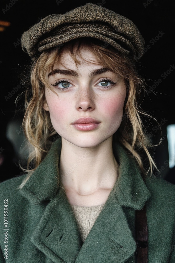Young woman with a green coat and cap, natural makeup. Young woman with a green coat and cap, natural makeup.