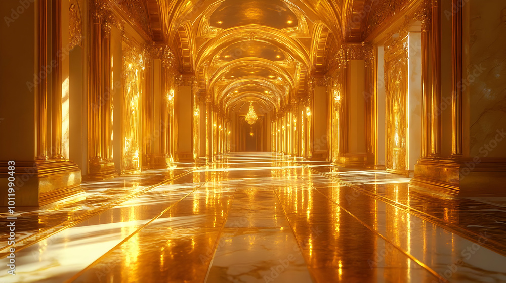 Golden Hallway Interior 3D Render