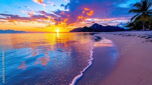Fototapeta Naklejka Na Ścianę i Meble -  A photostock image of a serene beach at sunset with vibrant orange and pink skies reflecting on the water