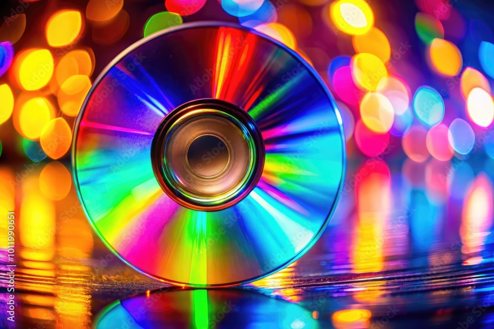 Colorful compact disc resting on a reflective surface with vibrant light reflections and shadows Colorful compact disc resting on a reflective surface with vibrant light reflections and shadows