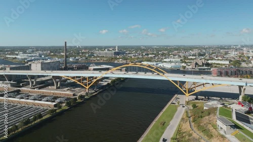 The yellow Hoan Bridge with light vehicle traffic along the Lake Michigan waterfront connects downtown Milwaukee with the more industrial south side.