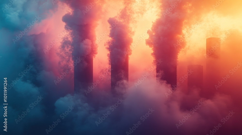 Fototapeta premium Industrial smoke stacks spewing pollution into the sky at sunset, creating a dramatic and colorful scene.
