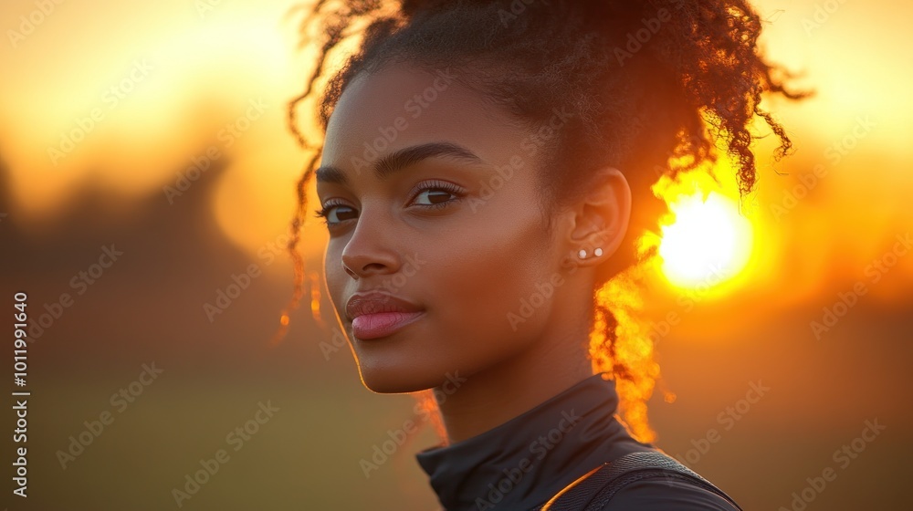 A young woman with dark curly hair and dark skin stands against a sunset. She is wearing a black shirt. A young woman with dark curly hair and dark skin stands against a sunset. She is wearing a black shirt.