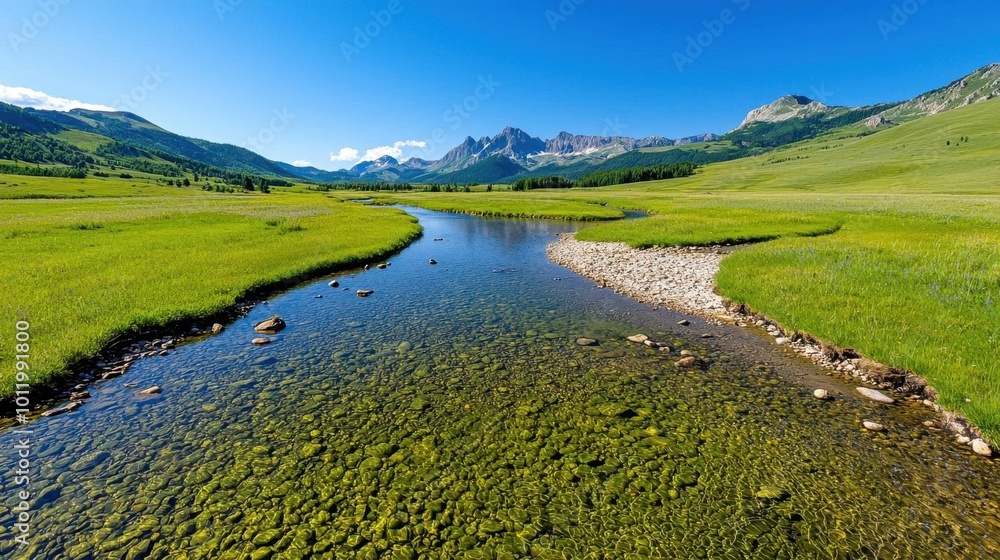 A photostock image of a serene mountain valley with a small river running through it and clear skies overhead A photostock image of a serene mountain valley with a small river running through it and clear skies overhead