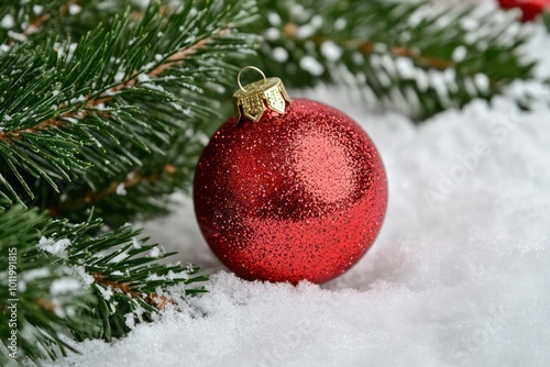 Christmas tree and red ball on white snow. Happy New Year