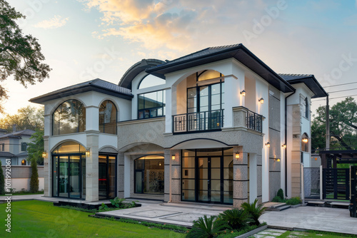 A large house with a white roof and a black trim