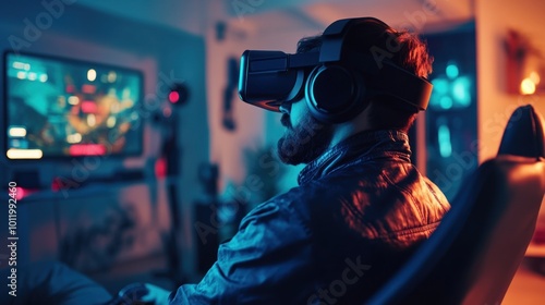 Man playing VR game, illuminated by blue and red lights.