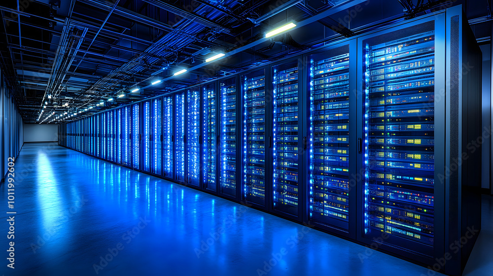 Obraz premium Blue light illuminating a dark room filled with computer servers, blue light, dark room, computer servers, technology
