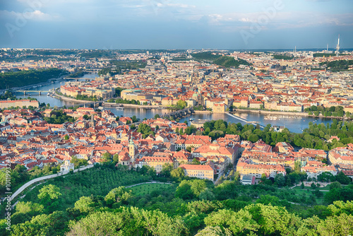 Prague cityscape showing the Vltava River and the Charles Bridge