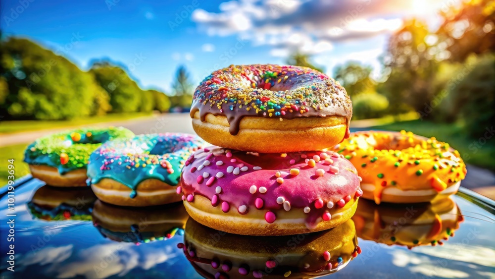 Colorful Donuts Placed on a Car Hood in a Bright and Cheery Outdoor Setting on a Sunny Day Colorful Donuts Placed on a Car Hood in a Bright and Cheery Outdoor Setting on a Sunny Day