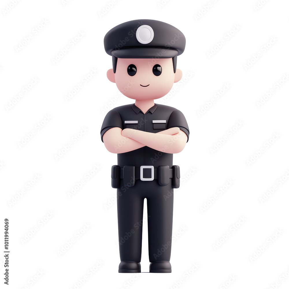3D cartoon police officer character with confident expression, wearing a black uniform and cap, standing with arms crossed. Convey authority and reliability. Isolated on transparent background, png. 3D cartoon police officer character with confident expression, wearing a black uniform and cap, standing with arms crossed. Convey authority and reliability. Isolated on transparent background, png.