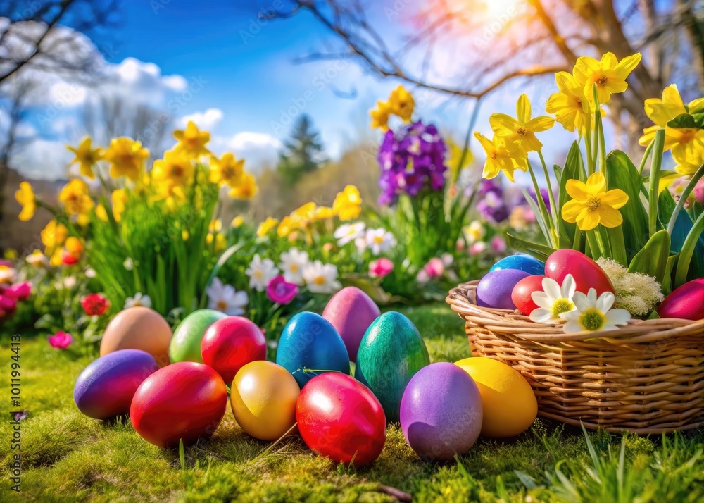 Colorful Easter eggs and spring flowers arranged in a festive family celebration setting outdoors Colorful Easter eggs and spring flowers arranged in a festive family celebration setting outdoors