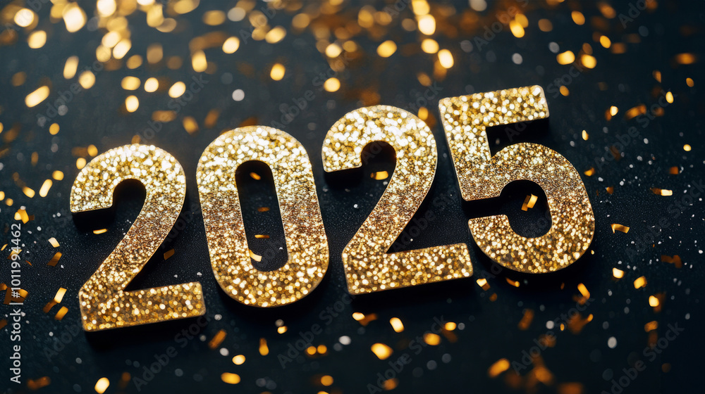 Sparkling 2025 against a black backdrop with golden confetti for a glamorous New Year celebration Sparkling 2025 against a black backdrop with golden confetti for a glamorous New Year celebration