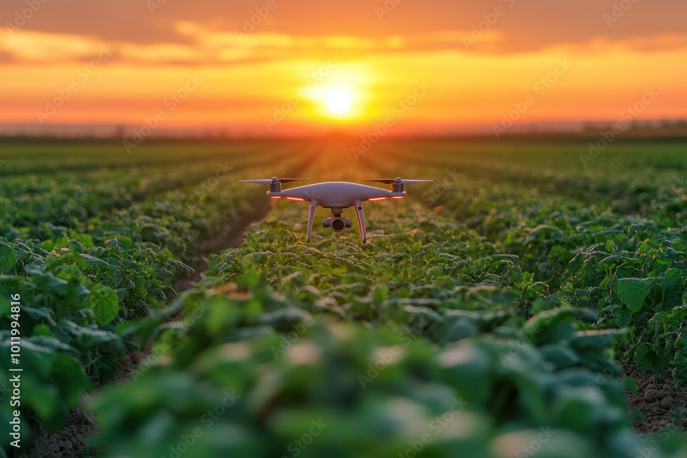 Obraz premium A drone flies over a field of green crops at sunset.
