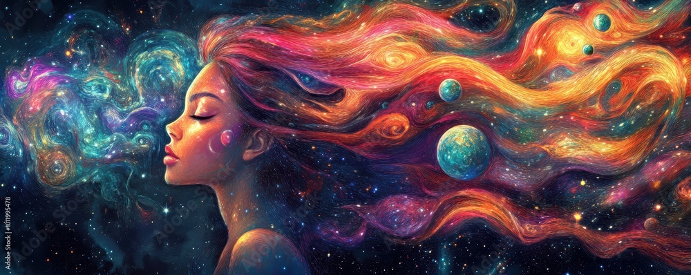A surreal depiction of a woman exhaling vibrant cosmic colors and galaxies. A surreal depiction of a woman exhaling vibrant cosmic colors and galaxies.