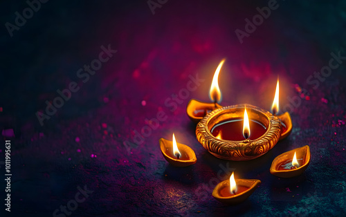 Happy Diwali Diya lamps lit during Diwali, Hindu festival of lights celebration. Diwali diya oil lamps holiday background. Creating a festive and decorative composition photo