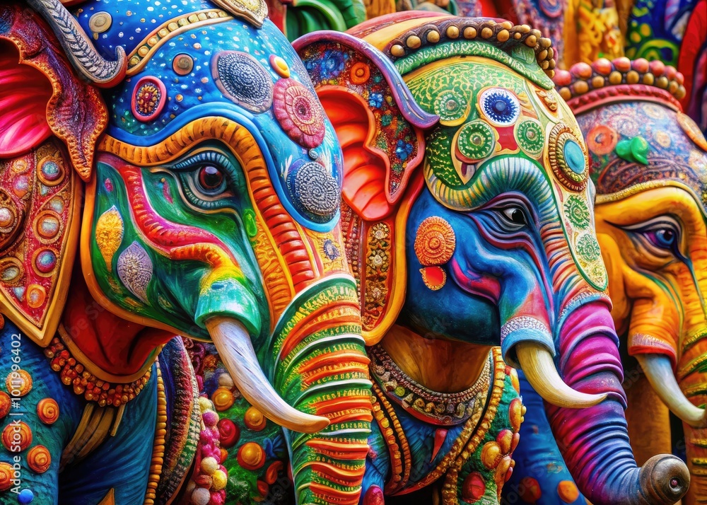 Naklejka premium Colorful Five Elephants Art Print Showcasing Vibrant Patterns and Intricate Details in Design