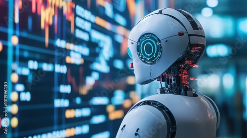 Futuristic Robot Monitoring Stock Market Data