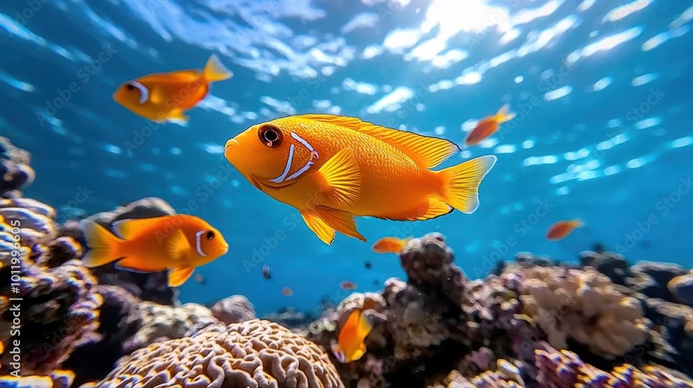 Fototapeta premium A photostock image of a vibrant coral reef underwater with tropical fish swimming around