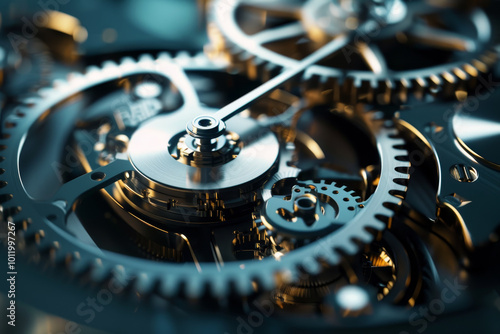 A close up of a clock with gears and a small dial