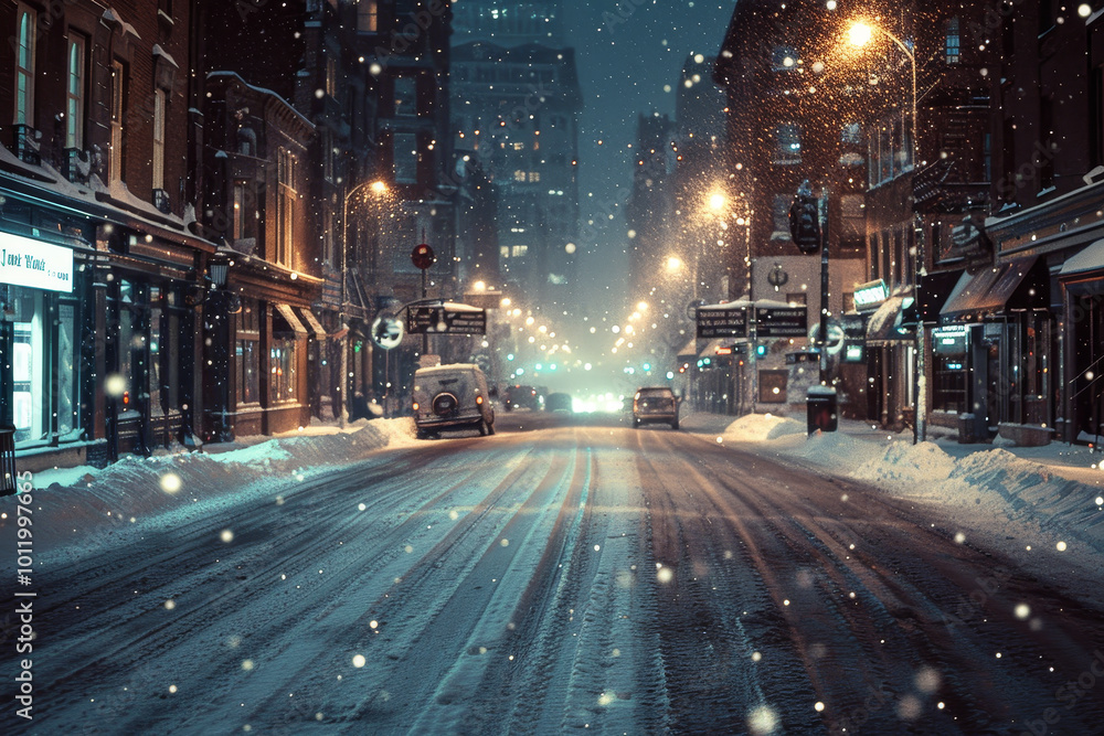 Fototapeta premium A snowy street with a car and a truck on it