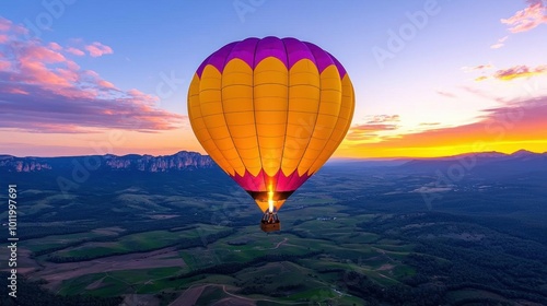 A photostock image of a colorful hot air balloon floating over a scenic valley at sunrise
