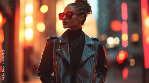 Woman in Leather Jacket in Neon City