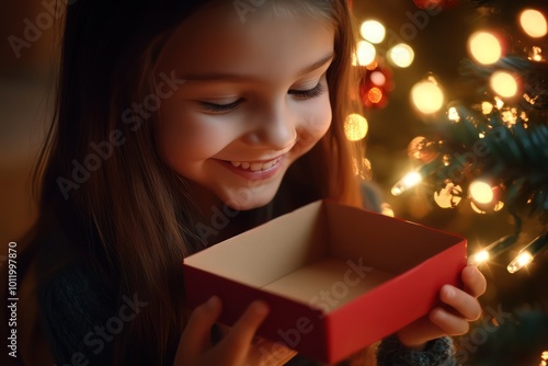 Real photo of a 18 years old child girl smiling and holding an open red gift box without lid in her hands against Christmas tree lights.