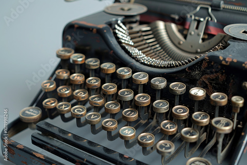 An old fashioned typewriter with a black and gold keyboard