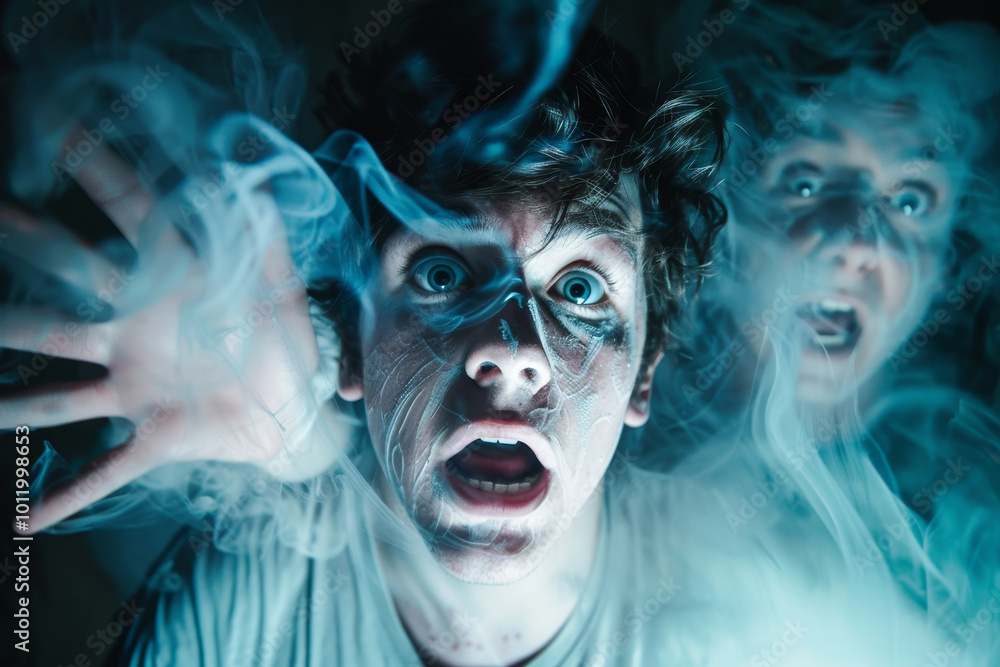 A man with his hand up in the air, surrounded by smoke A man with his hand up in the air, surrounded by smoke