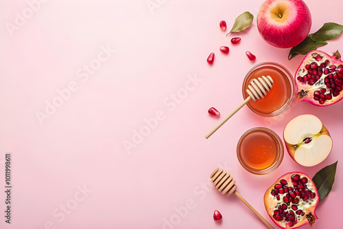 Rosh Hashanah Symbols: Honey, Apples, and Pomegranate Seeds on Pastel Background – Jewish New Year