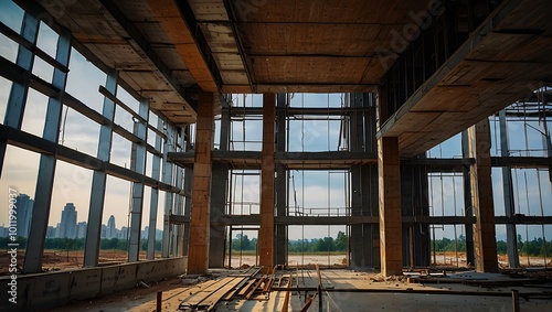 Unfurnished Building Interior Under Construction with Cityscape View